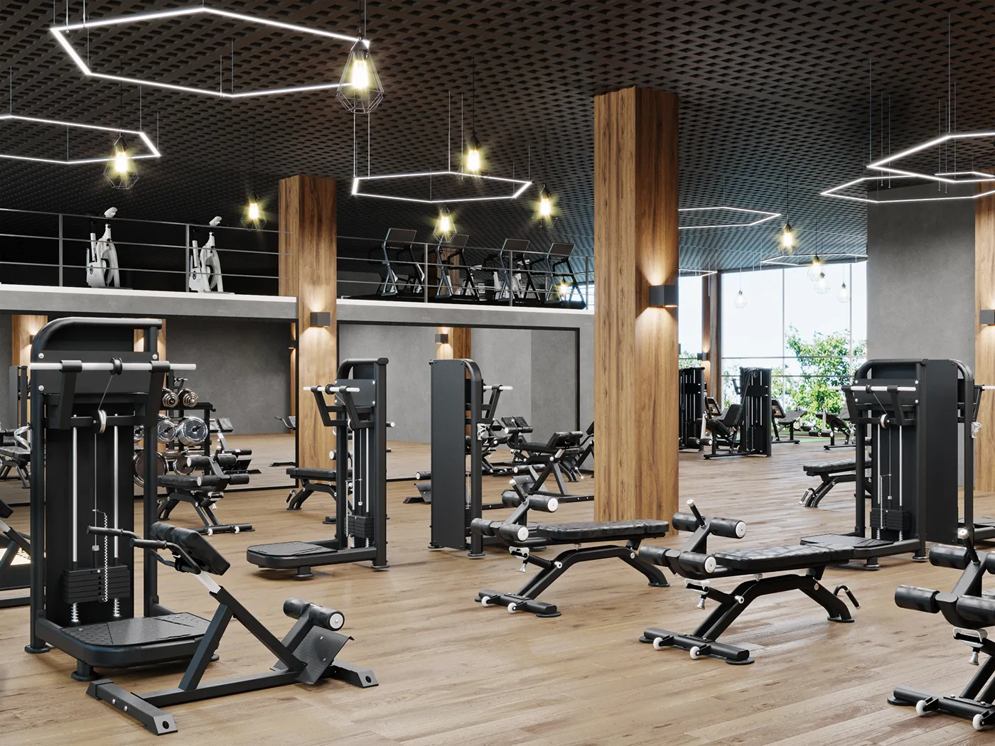 Modern gym interior with sport and fitness equipment, fitness center inteior, inteior of crossfit and workout gym